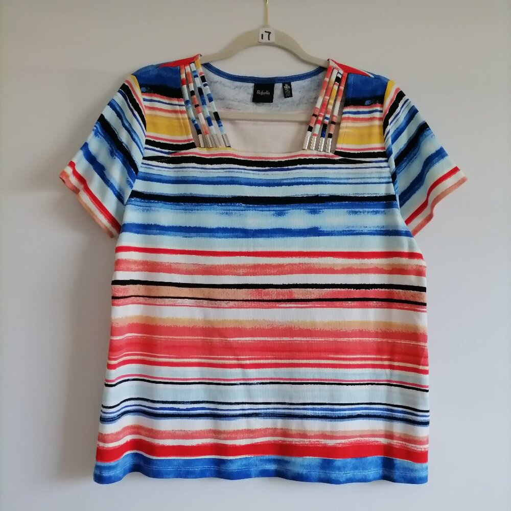 Rafaella Womens Multicolor Embellished Straps Vibrant Multi Striped Top Size XL